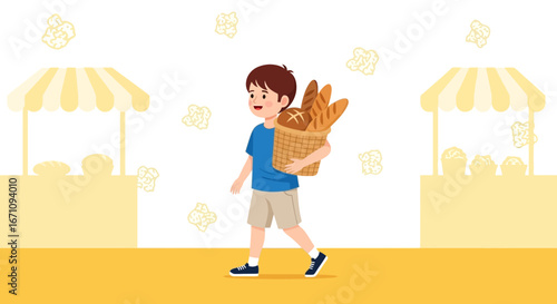 Joyful Boy Carrying Fresh Loaves of Bread at a Market Stroll with a Basket