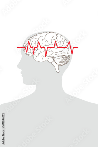 Silhouette of human head with brain and red heartbeat line symbolizing epilepsy or neurology.