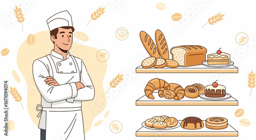 Friendly Baker Presenting Delicious Freshly Baked Goods From His Bakery Shop