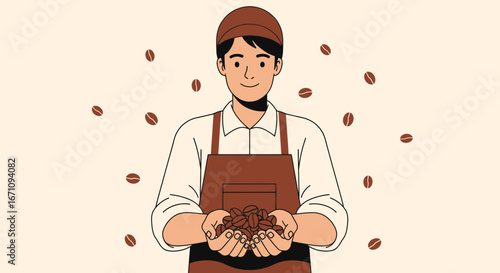 Friendly Barista Displaying Fresh Coffee Beans, A Perfect Aroma of Deliciousness