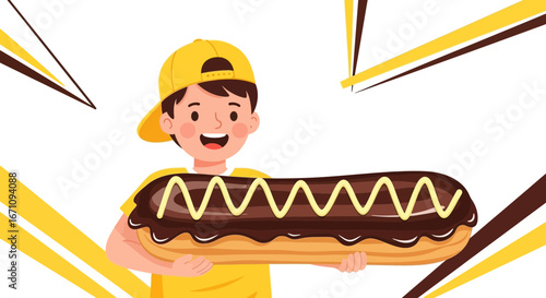 Joyful Boy Proudly Displays Giant Chocolate Eclair Dessert With Yellow Accents On White Background
