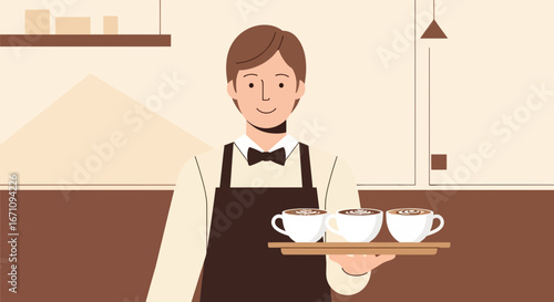 Friendly Barista Serving Latte Art Coffee Cups on Wooden Tray in Cafe Setting