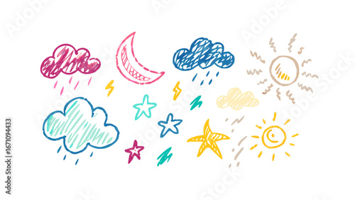 Hand drawn weather elements crayon style moon clouds