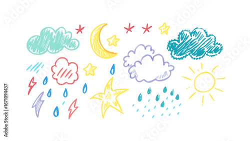 Hand drawn weather elements crayon style moon stars
