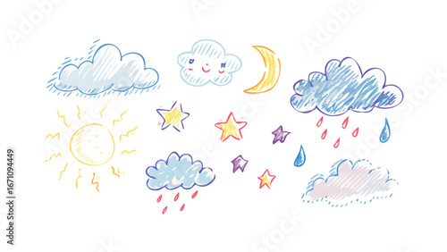 Hand drawn weather elements with crayon texture moon