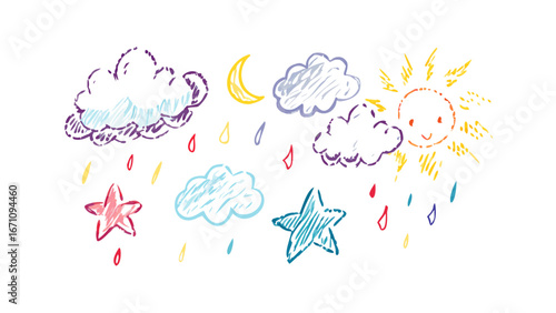Hand drawn weather elements with sun moon and stars