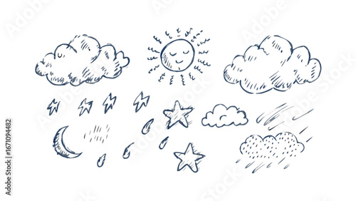 Hand drawn weather icons clouds rain