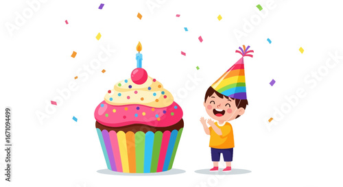Joyful Child Celebrates Birthday With Cupcake, Party Hat, And Festive Confetti