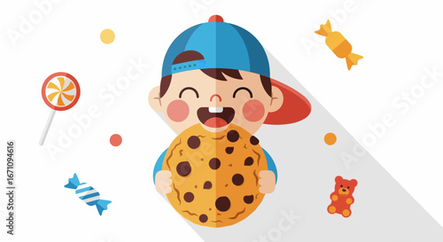 Joyful Child Eating Cookie With Sweet Treats, Fun Dessert Time Illustration