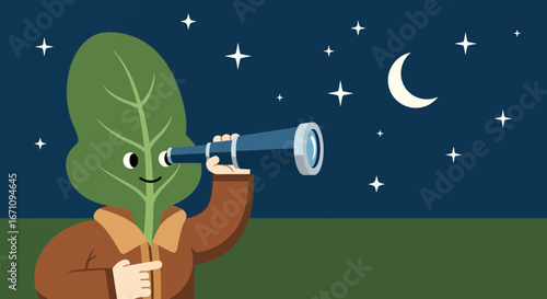 Friendly Leaf Figure Gazing At Stars And Moon Through Telescope During The Evening