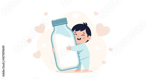 Joyful Child Embracing Bottle Depicting Nourishment, Affection, And Healthy Habits.