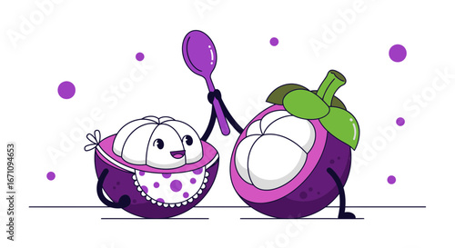 Friendly Mangosteen Characters Share a Spoonful of Sweetness in a Fun Illustration