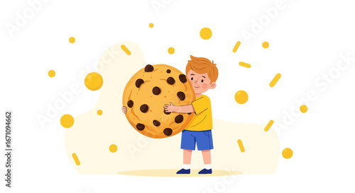 Joyful Child Embracing Gigantic Chocolate Chip Cookie With Delicious Delights
