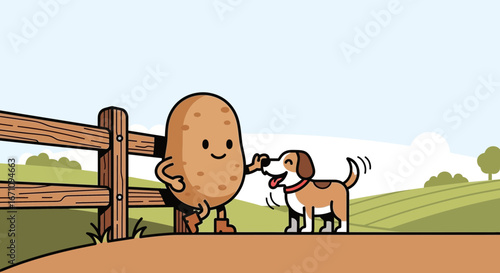 Friendly Potato Character Gives a High Five to a Playful, Happy Dog Outdoor Scene