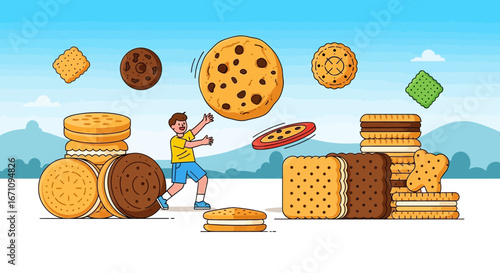 Joyful Child Playing With Biscuit Varieties Under Azure Daytime Sky Illustration