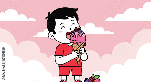 Joyful Child Relishing Delicious Ice Cream on a Pastel Pink Background