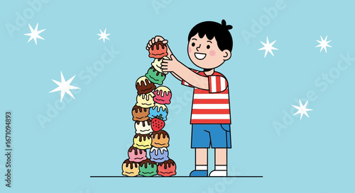 Joyful Child Tower Building With Colorful Ice Cream Cones, A Fun Illustration