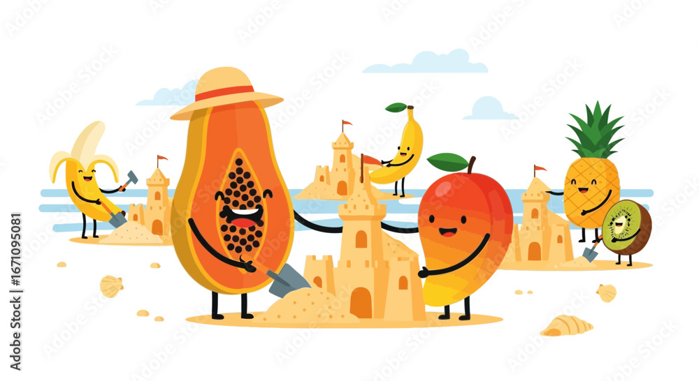 Naklejka premium Joyful Fruits Building Sandcastles Together on a Sunny Beach Destination Illustration