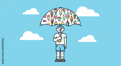 Joyful Figure Sheltering Beneath Whimsical Ice Cream Umbrella Under a Summery Sky
