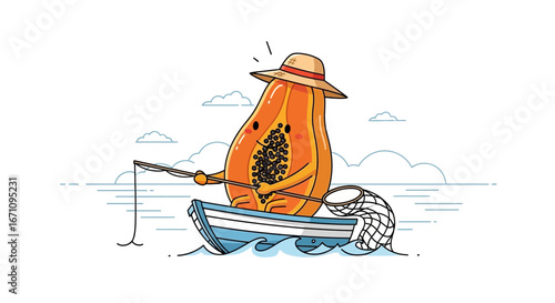 Fruity Fisherman: A Whimsical Papaya Character Embarking on a Maritime Journey