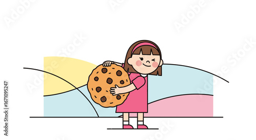 Joyful Girl Holding Gigantic Cookie Ready To Relish Sweet Delight And Happy Moment