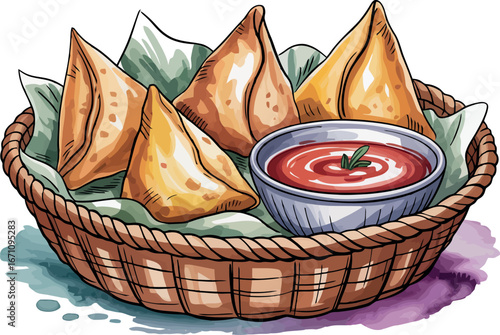  a delightful basket filled with golden-brown samosas, served alongside a small bowl of red dipping sauce. 