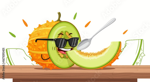 Funky Melon Character Wearing Sunglasses Enjoying Spoonful of Deliciousness