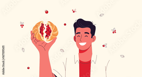 Joyful Illustration Featuring A Smiling Man Holding Half A Delicious Pastry