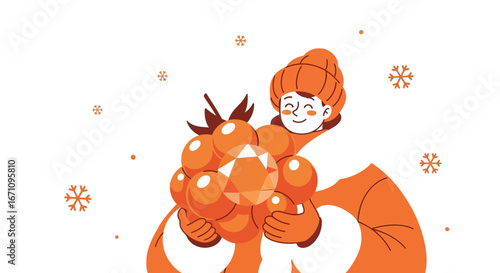 Joyful Individual Holds a Cluster of Ornate Fruits, Snowflake Flurry, Winter Illustration