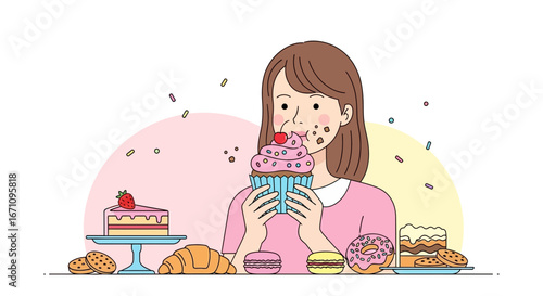 Joyful Indulgence And Sweet Treats: A Woman Enjoying Cupcake And Desserts