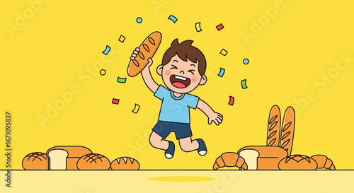 Joyful Kid Celebrates With Freshly Baked Bread Amidst Vivid Yellow Background Illustration