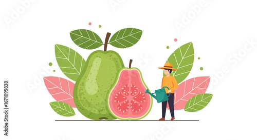 Gardener Irrigating Fresh Guava Fruits with Vibrant Leaves and Clean Aesthetic Appeal