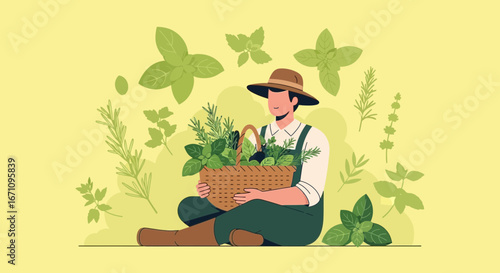 Gardener Holding a Basket Full Of Fresh Herbs, Creating a Delightful Harvest Scene