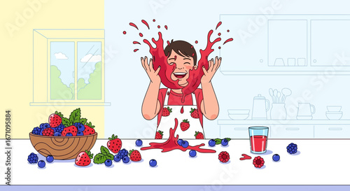 Joyful Kid Covered In Berry Juice Laughing While Kitchen Background Illustrates Sweet Moments