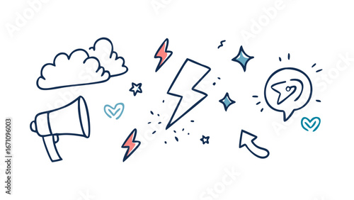 Megaphone and speech bubble with communication symbols