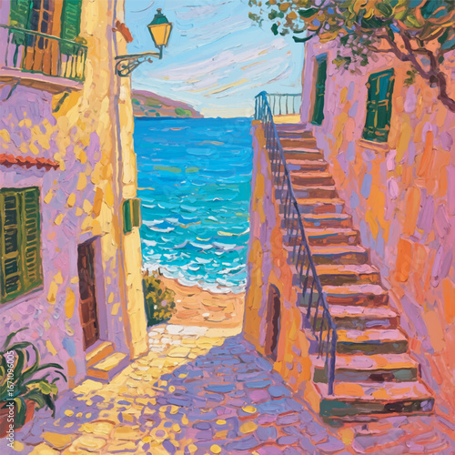 Beach Pathway with Colorful Buildings Background Vector