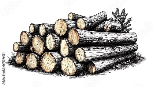 A grayscale drawing of a haphazard stack of logs rests on the ground with a small sprig of greenery to the right