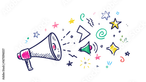 Megaphone announcement with colorful stars and shapes
