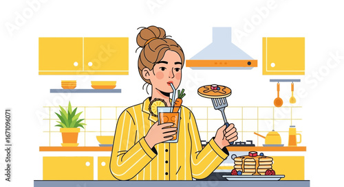 Joyful Morning Routine: A Woman Enjoys Breakfast and a Fresh Beverage In Her Kitchen