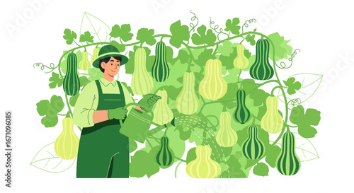 Gardener Watering Squash Vines, Cultivating Butternut Gourds, and Nurturing the Garden