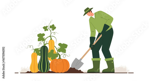 Gardener Working In Garden Next To Harvested Pumpkins While Using Digging Tool For Soil