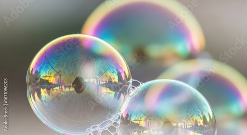 Macro Shot of Colorful Soap Bubbles with Reflections