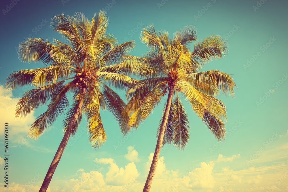 Fototapeta premium Two coconut palms against a vintage-toned, partly cloudy sky