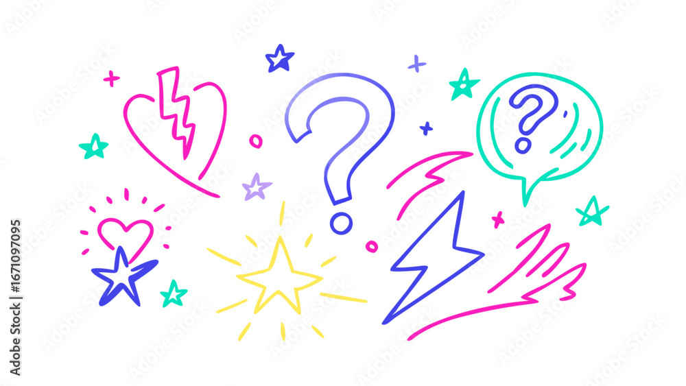 Fototapeta premium Neon doodle icons question mark heart lightning vector