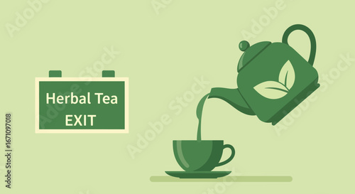 Green Kettle Pouring Herbal Tea In A Cup With Exit Sign For Drink Beverage
