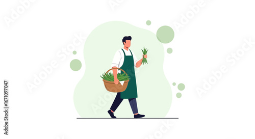 Green Grocer Carrying Fresh Produce and Basket with Vegetables, Farmer Concept Illustration