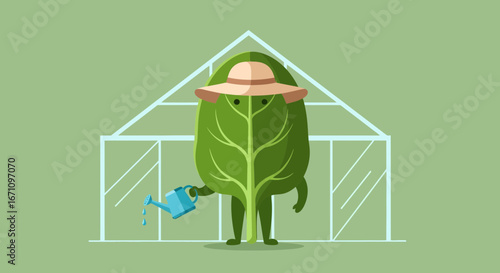 Greenery Character Watering Plants Inside a Greenhouse with a Refreshing Style Display