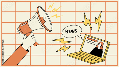 Announcement News Broadcast Online News Social Media Communication Digital Media Megaphone Laptop Person on Screen Breaking News Urgent News Information Dissemination Public Announcement Media Alert .
