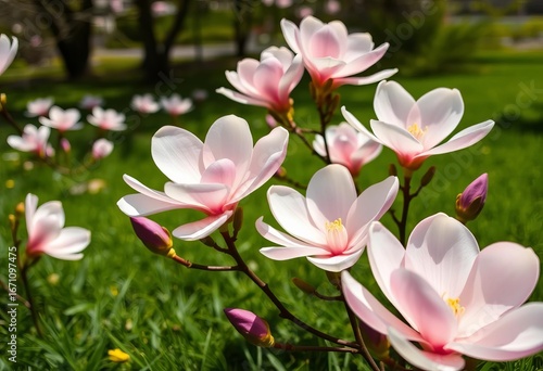 Retro styled wallpaper featuring saucer magnolia blossoms on a sunny green lawn,  landscape,  floral