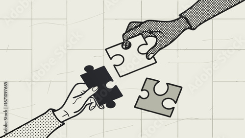 Connecting puzzle pieces teamwork collaboration partnership cooperation business solution problem solving strategy success connection unity hands jigsaw puzzle pieces merging joining togetherness syn.